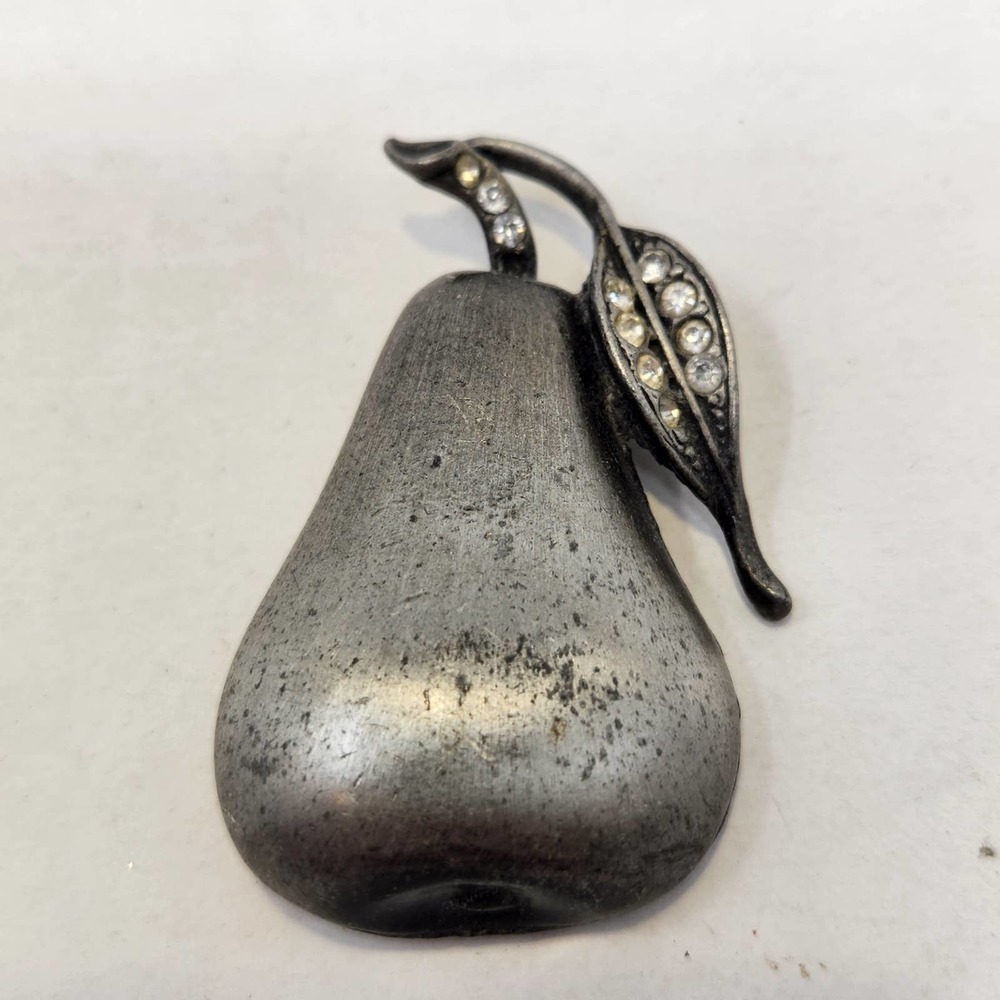 Pewter Rhinestone Pear Fruit Brooch Pin Silver Tone Food Costume Jewelry Vintage